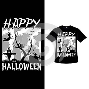 Happy Halloween retro color T-shirt design with a scarecrow. Halloween fashion wear design with a moon shade, tombstone, dead tree