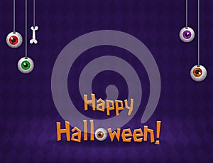 Happy Halloween room with purple diamond-shaped wall and hanging eyes vector background