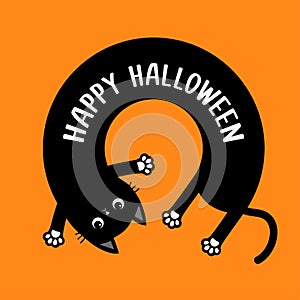 Happy Halloween. Round circle shape laying kitten. Cartoon baby pet character. Long body cat. Cute kawaii chilling black kitty