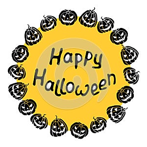 Happy Halloween-round frame of holiday design characters-pumpkin, Jack lantern. Festive border, background or title for greeting