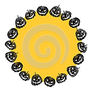 Happy Halloween-round frame of holiday design characters-pumpkin, Jack lantern. Festive border, background or title for greeting