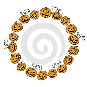 Happy Halloween-round frame of holiday design characters-pumpkin, Jack lantern. Festive border, background
