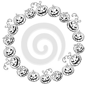 Happy Halloween-round frame of outline pumpkins