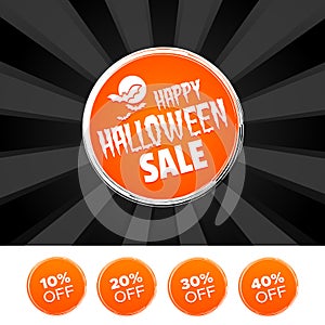Happy Halloween Sale banner and 10%, 20%, 30% & 40% Off Marks. Vector illustration.
