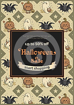 Happy halloween sale banner. Adorable halloween characters. Cute ghosts, skeleton, pumpkin and bat are caroling. Trick
