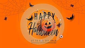 Happy halloween sale banner background.Halloween pumpkins and flying bats on background template