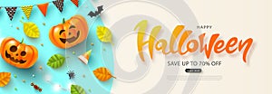 Happy Halloween sale banner with festive pumpkin, spider, bat, glowing garland and autumn leaves.Flyer or invitation