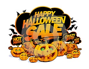 Happy halloween sale banner with talking about discounts pumpkins crowd
