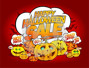 Happy halloween sale banner with talking pumpkins crowd, speech bubbles