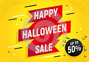 Happy halloween sale, discount card, halloween shopping, sales red ribbon banner, halloween sale vector illustration.