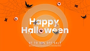 Happy halloween sale horizontal banner background template. Cobweb, spiders and scary eyeballs on orange background with copy