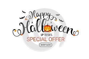 Happy halloween sale illustration. Vectorbanner with lettering,fall, smiling pumpkin,bats and spiders. Trick or treat. Special