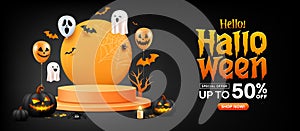 Happy Halloween sale, two podiums overlapped, black pumpkins, colorful balloon, bat flying, spider web banner design