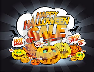 Happy halloween sale vector banner with pumpkins crowd and speech bubbles