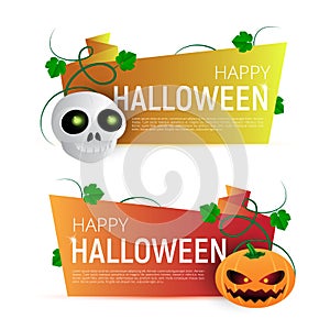 Happy Halloween Sale vector banner or sticker design template with leaves, pumpkin and skull