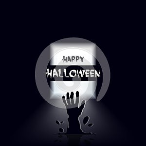 Happy Halloween scary banner or invitation with opened door and zombie hand rising out from the ground in black and white colors