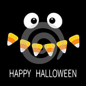 Happy Halloween. Scary face smiling emotions. Big eyes, mouth Candy corn smile Vampire tooth fang. Baby Greeting card. Flat design