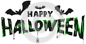 Happy Halloween scary text and bat silhouettes, spider and spiderweb