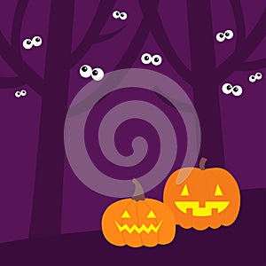 Happy Halloween. Scary tree forest scene landscape. Pumpkin set. Ghost spirit eyes eyeballs looking in the dark. Boo. Cute cartoon