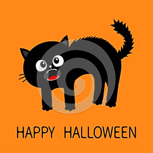 Happy Halloween. Screaming kitten. Frightened cat arch back. Hair fur stands on end. Eyes, fangs, moustaches whisker. Cute funny c