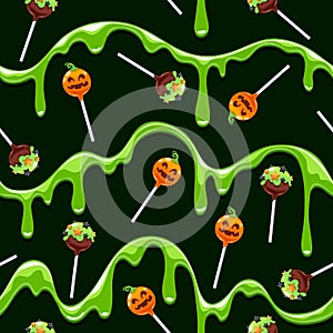 Happy Halloween seamless background with colorful cake pops and slime.