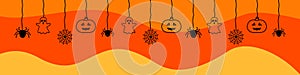 Happy Halloween seamless banner or border with black spider webs, ghost, spider and pumpkins. Vector illustration on orange