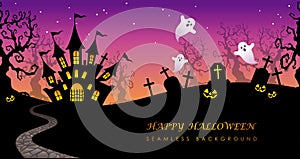 Happy Halloween Seamless Haunted Forest Vector Illustration With Text Space.