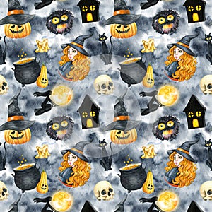 Happy Halloween seamless pattern background. Young beautiful witch. Funny pumpkin, ghost, black cat, monsters. Watercolor illustra
