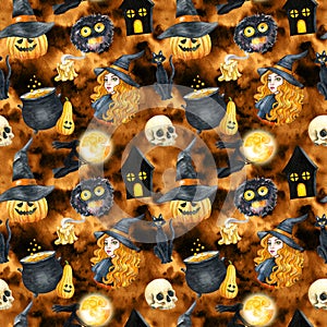 Happy Halloween seamless pattern background. Young beautiful witch. Funny pumpkin, ghost, black cat, monsters. Watercolor illustra