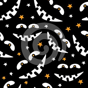 Happy Halloween seamless pattern. Scary and funny faces of Halloween pumpkin or ghost on a black background among the