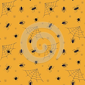 Happy Halloween. Seamless Watercolor Pattern with Black Spiders and Webs. Watercolor Scary Illustration for Halloween.