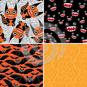 Happy Halloween set of four seamless patterns. Bats, monsters