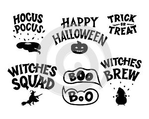 Happy Halloween set. Hocus pocus, boo, witches squad, brew, trick or treat.