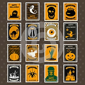 Happy Halloween Set Postage Stamps with ghost, pumpkin, scull, grave, zombie, castle, Vampire, spider, hand, ghost