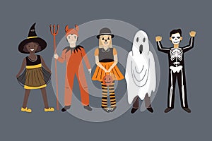 Happy Halloween set. Set of cute cartoon children in halloween costumes. Devil, witche, ghost, pumpkin, skeleton.