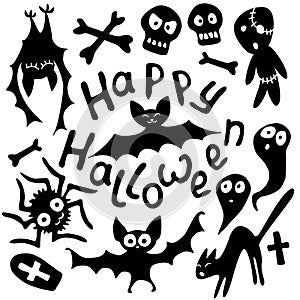 Happy Halloween-set of traditional characters-cat, zombie, bones, skulls, spider, bats, tombstone, ghosts in flat style. Elements