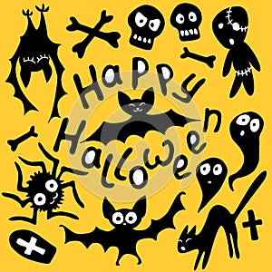 Happy Halloween-set of traditional characters-cat, zombie, bones, skulls, spider, bats, tombstone, ghosts in flat style. Elements