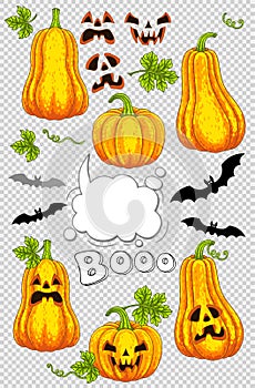 Happy Halloween set. Vector template in a cartoon style for your design for the holiday. Pumpkin, horrible smile, speak