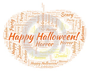 Happy Halloween in a shape of pumkin word cloud.