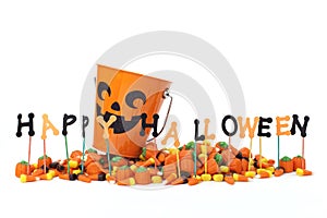 Happy Halloween sign with candy & candy bucket