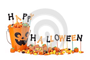 Happy Halloween sign with candy & candy bucket