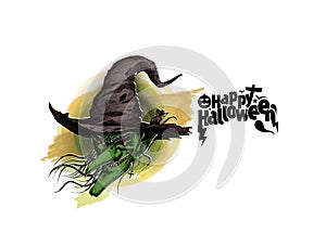 Happy Halloween Silhouettes of witches, Hand Drawn Sketch Vector illustration