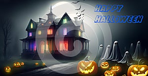 Happy Halloween - A spooky Halloween Party House with ghosts and Pumpkins