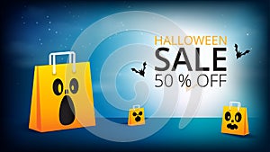 Happy Halloween spooky night with shopping bag sale banner background paper cut style.Vector illustration