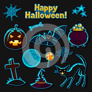 Happy halloween sticker set with characters and