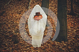 Happy Halloween! Stylish ghost holding jack o lantern in moody autumn forest. Person dressed in white sheet as ghost with pumpkin