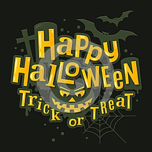 Happy halloween stylish lettering with scary pumpkin face,