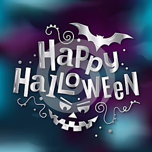 Happy halloween stylish silver lettering, greeting with scary pumpkin face and bat. Vector illustration.