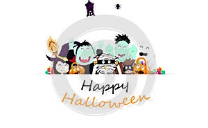 Happy Halloween, surprise party paper art, cartoon character for kids, celebration festival poster, invitation card holiday