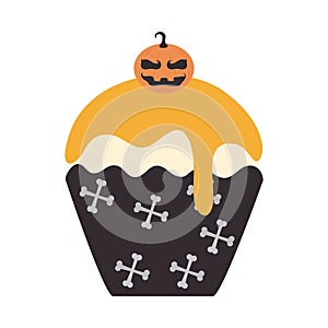 Happy halloween, sweet cupcake pumpkin snack trick or treat party celebration flat icon
